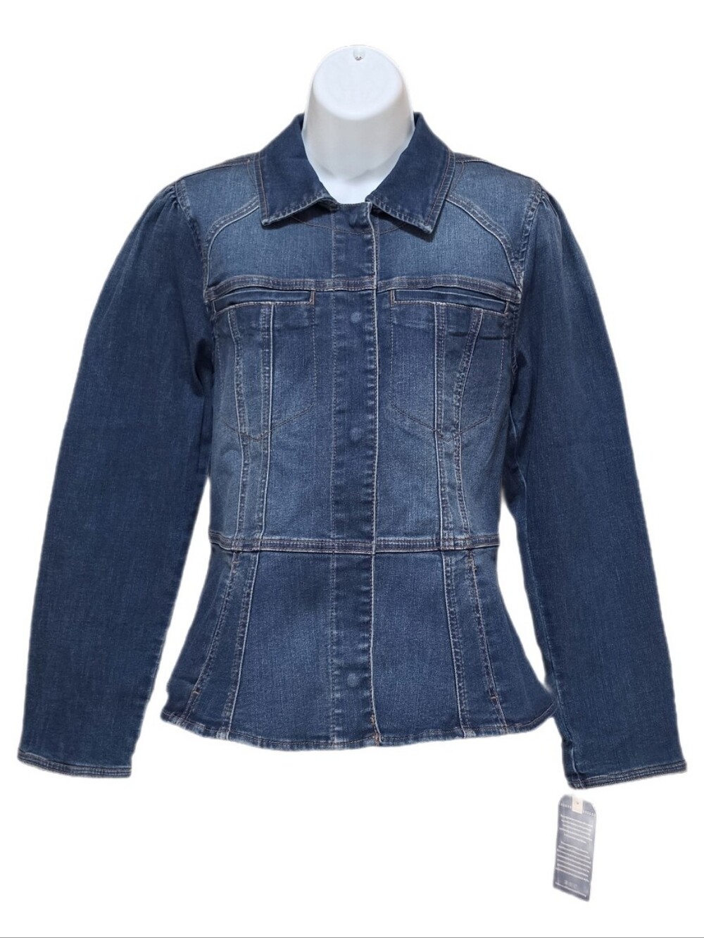 Democracy Peplum Denim Jacket Long Puff Sleeve Snap Button Front Stretch Blue S
